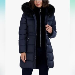 TAHARI Midnight Blue Hooded Puffer Faux-Fur-Trim Coat Size Small